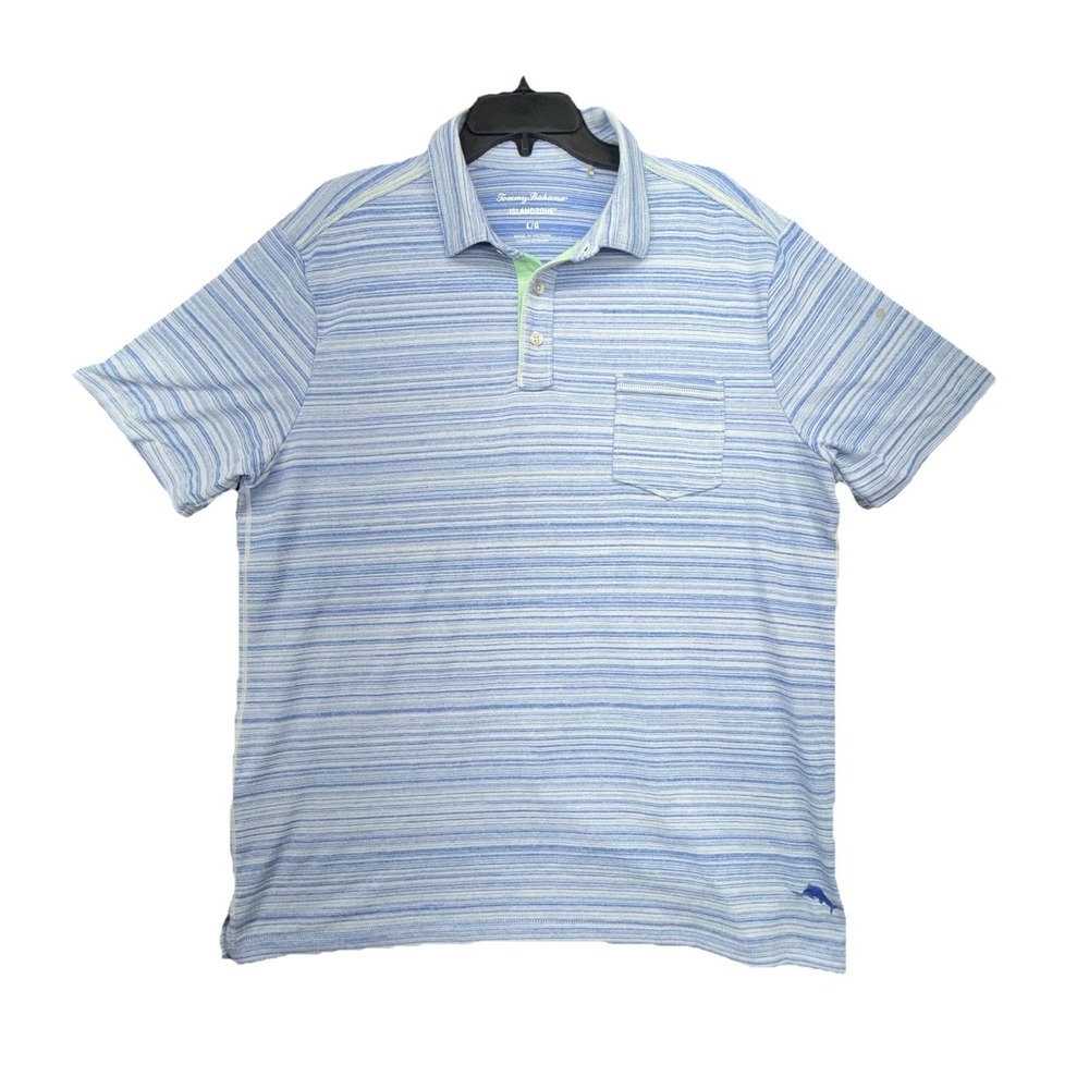 Tommy Bahama Island Zone  Polo Shirt Mens Large Blue Preppy‎ Dress Striped Golf